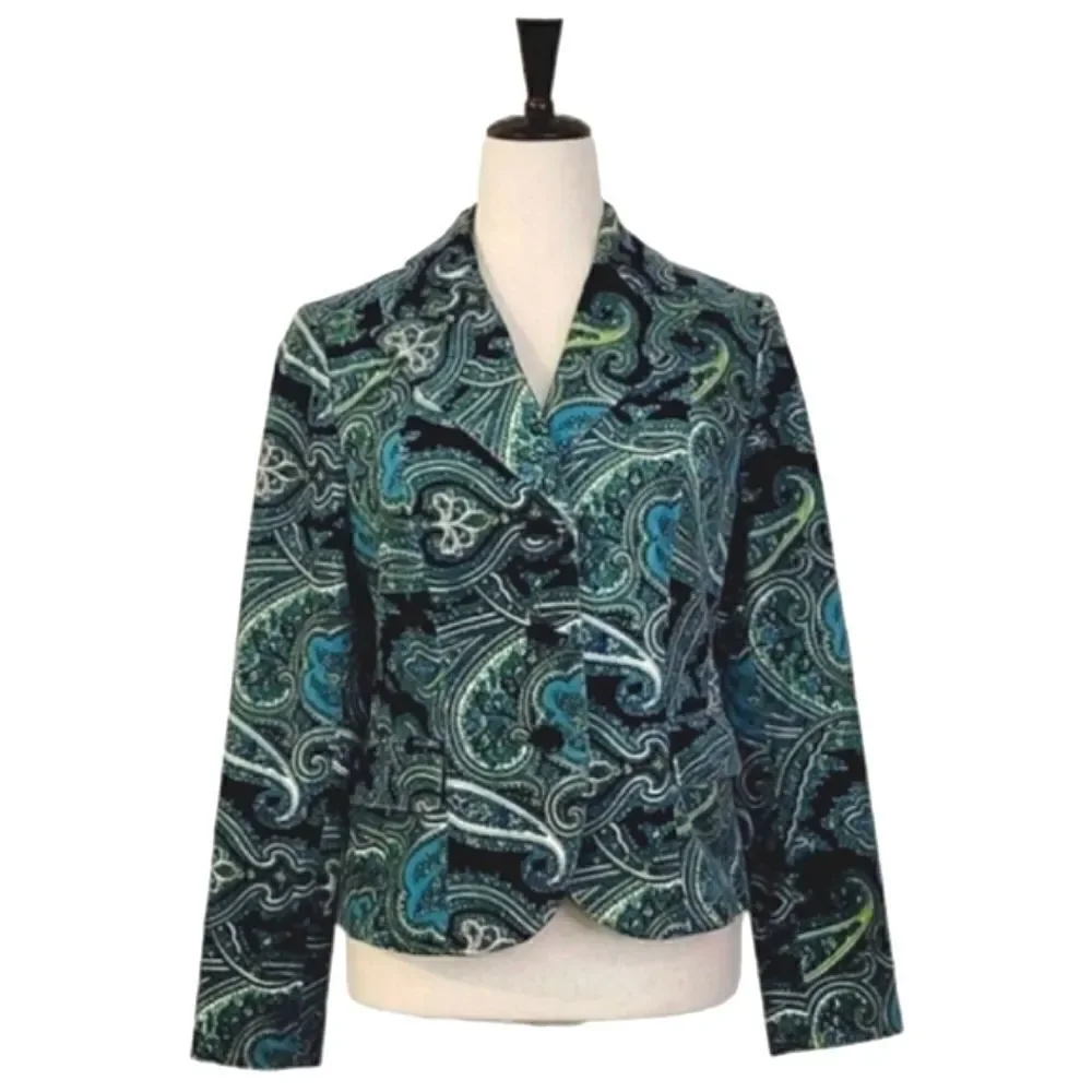 Talbots Teal Paisley Patterned Velvet Stretch Buttoned Blazer Size 4 - Picture 2 of 10